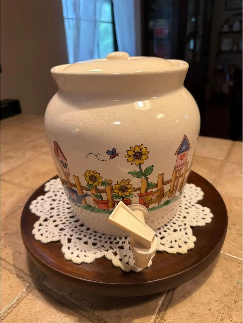 25. BIRDHOUSES  SUNFLOWERS Gallon CROCK Beverage Dispenser Spout Lid Stoneware